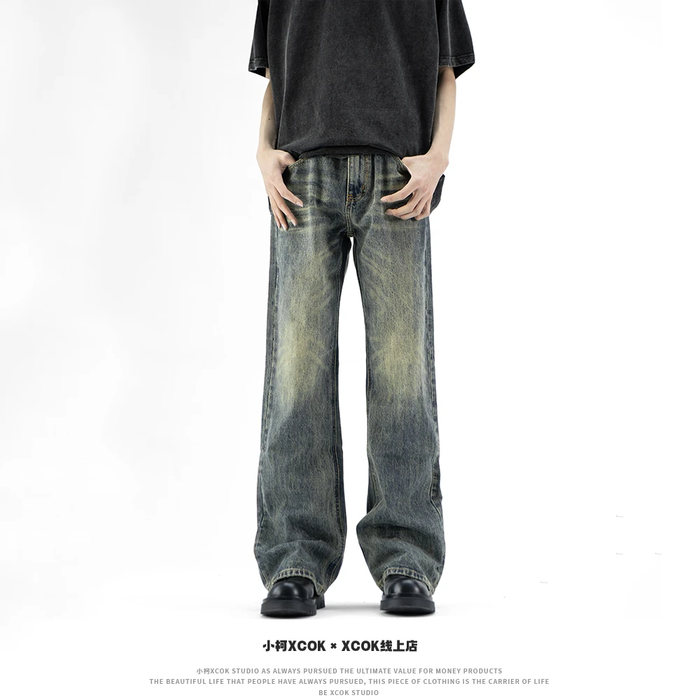 小柯XCOK美式复古蓝微喇牛仔裤cleanfit高街宽松潮牌做旧直筒裤子