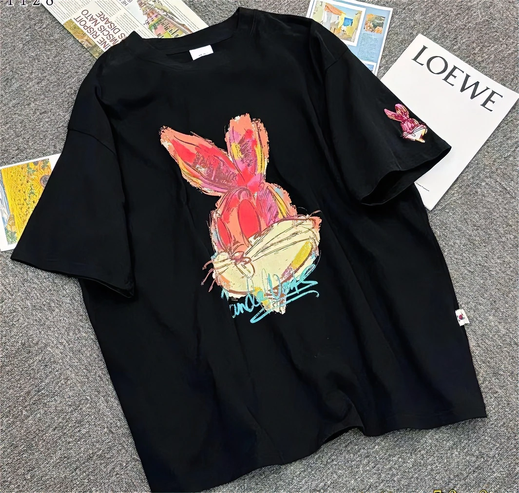 惜亦夏季新款休闲潮流百搭个性纯棉大版圆领彩绘兔子T恤惜亦11280
