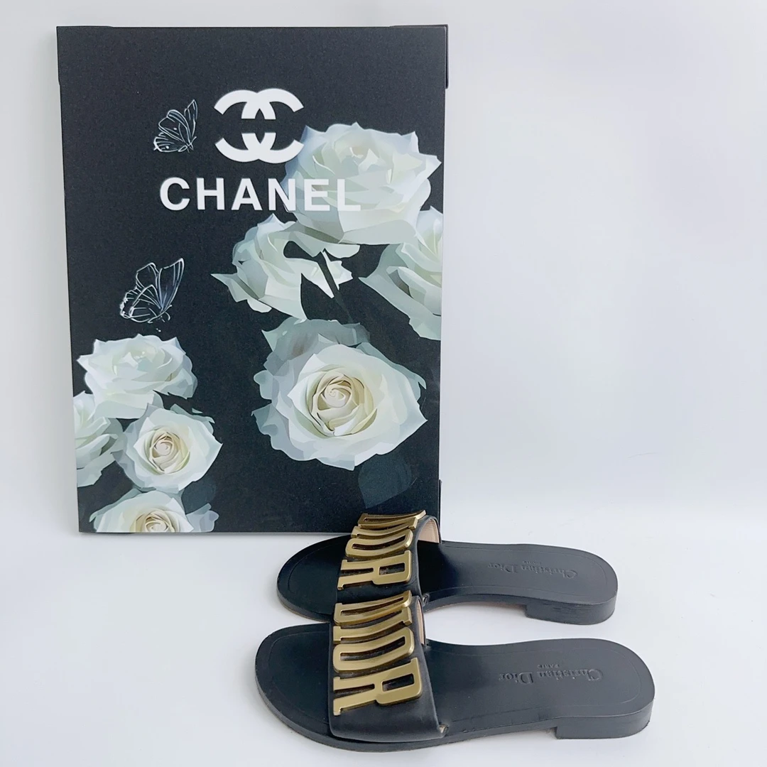 38码/98新/Dior/迪奥 黑金字母logo平底拖鞋/ys00067