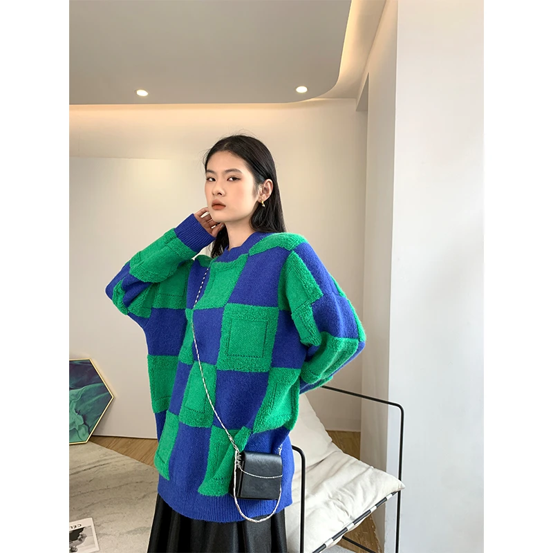 nana撞色简单毛衫时尚百搭格子三色毛衣C2110244MY4