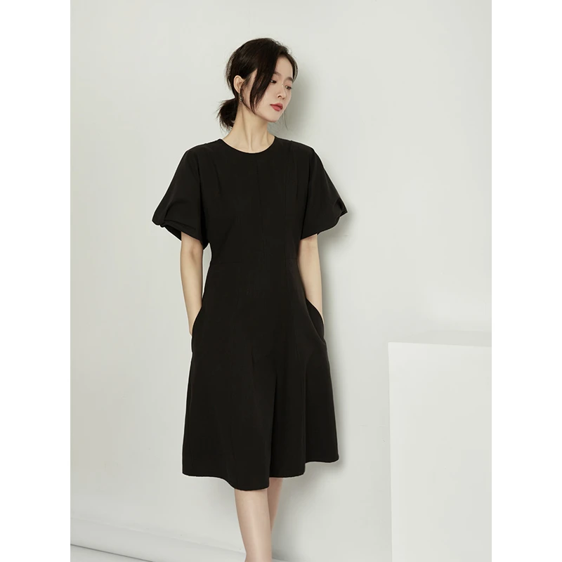 NAVST黑色连衣裙女2023夏季新款圆领宽松收腰C2103141LY2