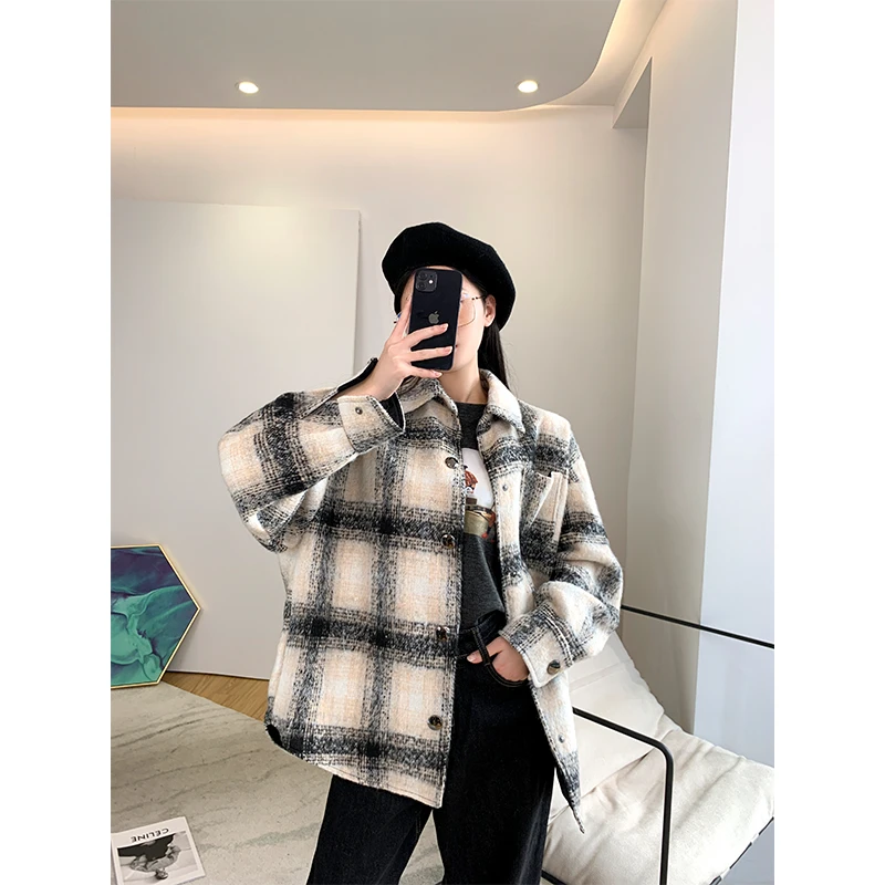 nana灰格外套时尚百搭设计感秋冬宽松慵懒C2110229WT2