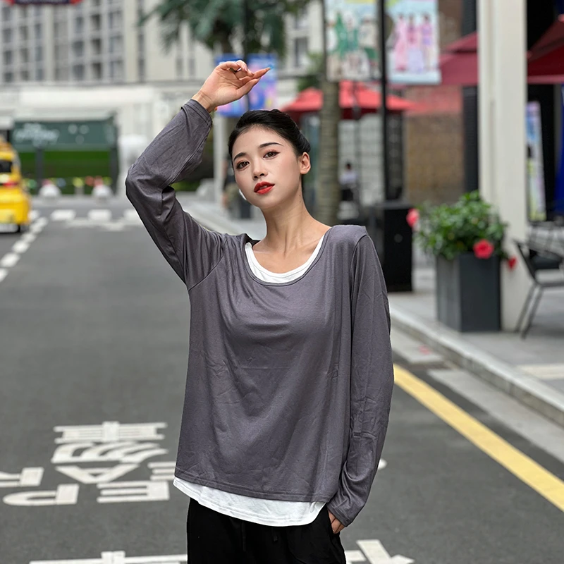 舞蹈服女成人宽松显瘦假两件长袖练功服上衣现代民族舞形体训练服