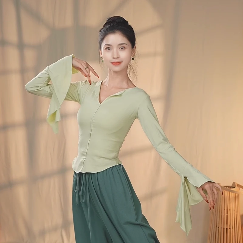 现代舞练功服女领喇叭袖上衣古典舞形体修身演出服跳舞服装身韵服