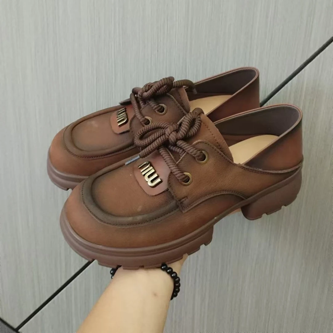 真皮2024厚底增高乐福鞋新款英伦春季皮鞋系带单鞋女鞋复古