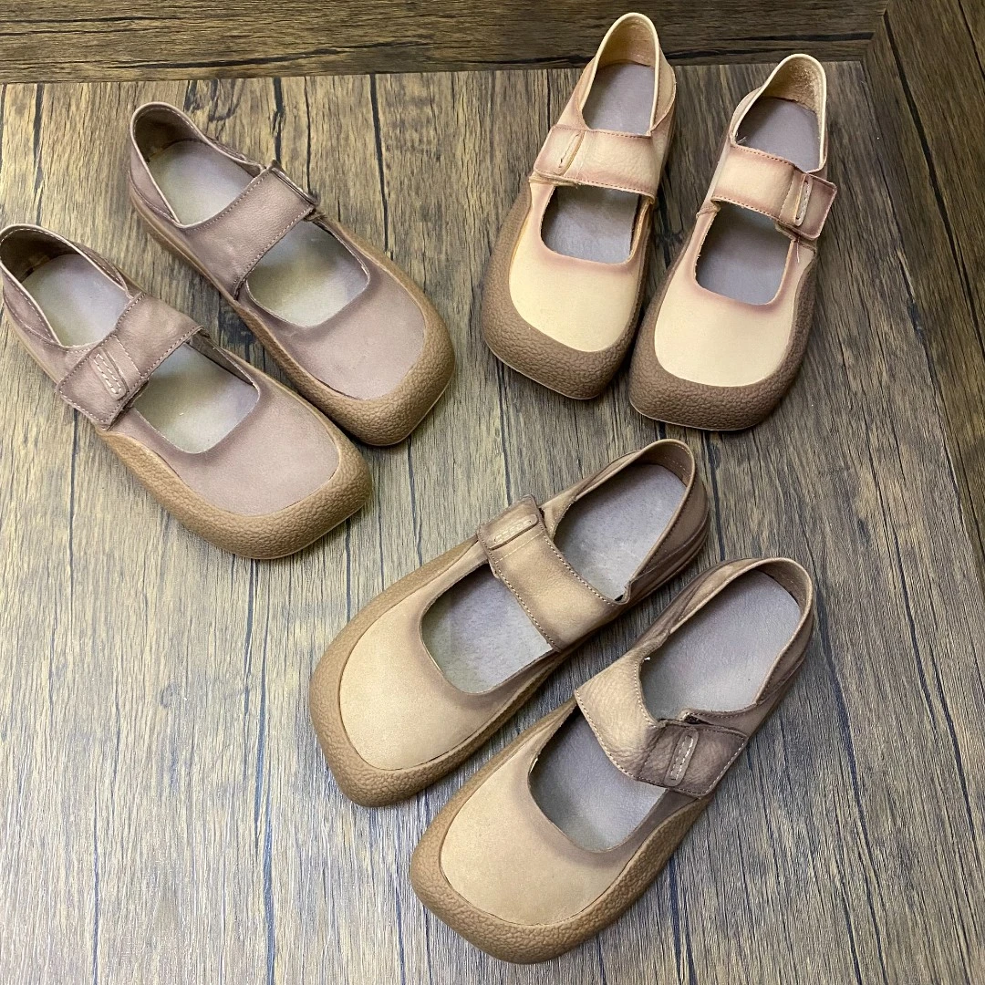 k3688-18新款软底复古文艺平底魔术贴头层牛皮玛丽珍女鞋