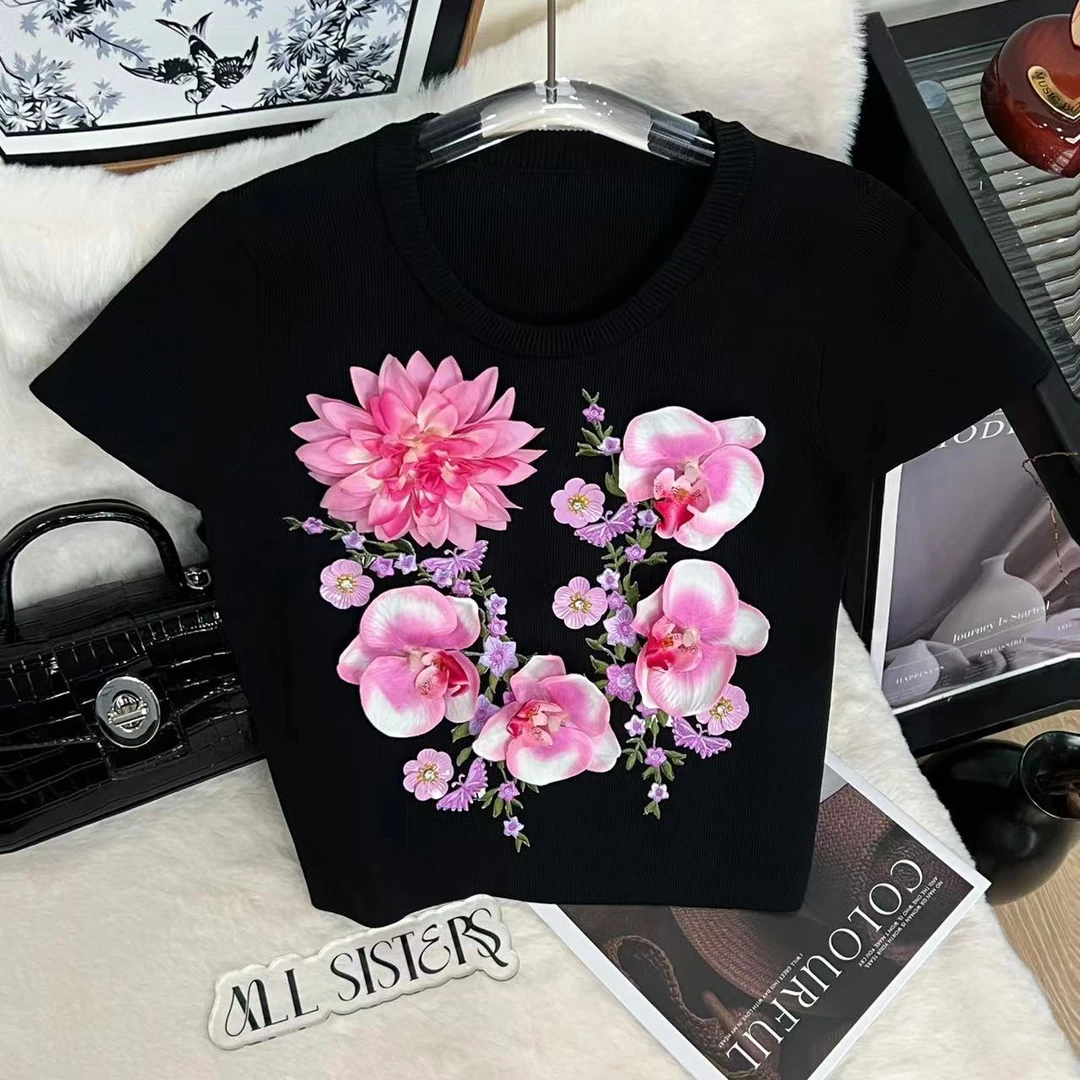 ALL SISTERS 2024夏季新款短袖立体轻奢蝴蝶兰T恤时尚圆领上衣女