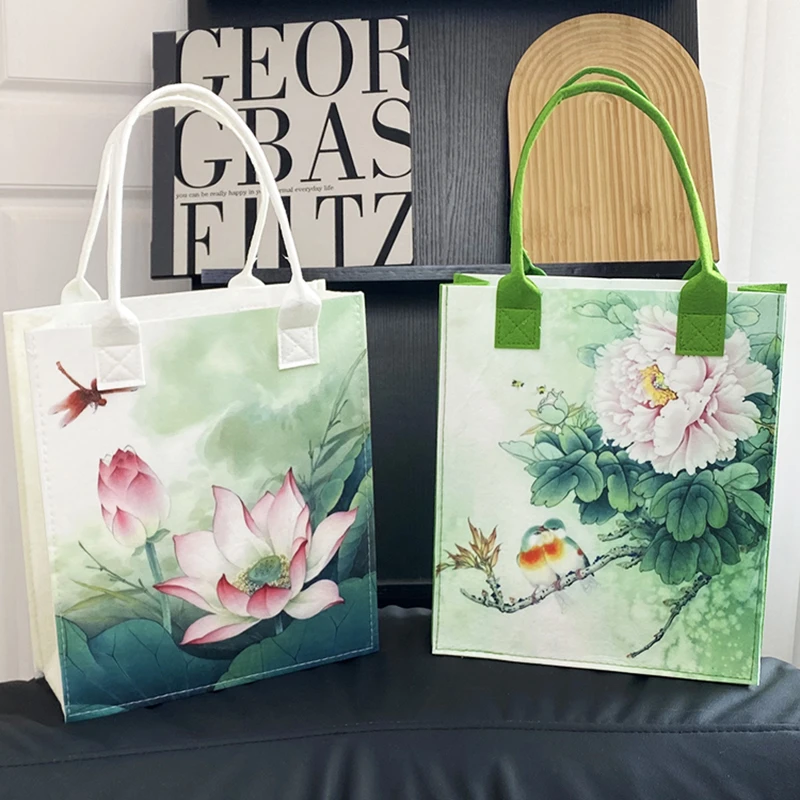 中国风毛毡包工笔荷花水墨古风手提包时尚文艺购物袋环保背包女士