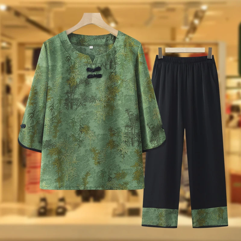 中老年人夏装套装女奶奶半袖T恤妈妈宽松衣服老太太夏天透气小衫