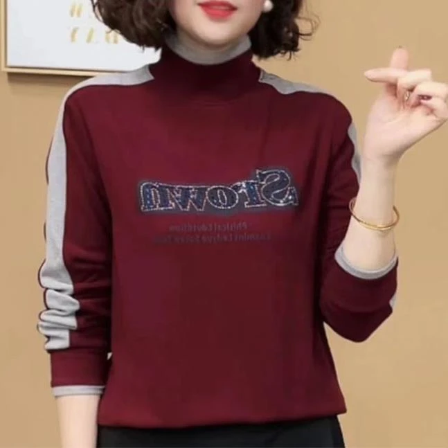 【爆款上市】2024新款时尚设计百搭半高领烫钻字母修身长袖打底衫女