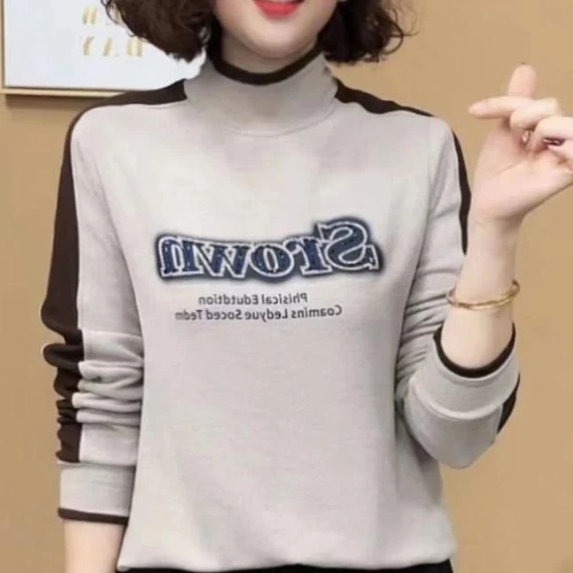 【爆款上市】2024新款时尚洋气百搭半高领烫钻字母修身长袖打底衫