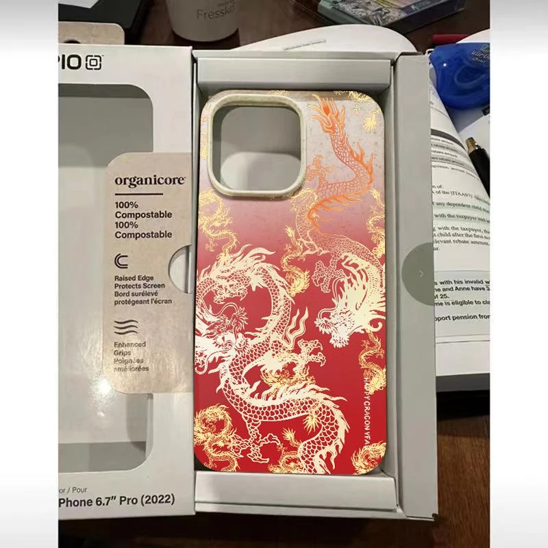 红底双龙iPhone15/14手机壳13龙年小麦壳软胶潮苹果13/12/11软壳