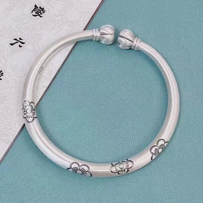 足银手镯 南瓜头9999银手镯女纯银复古梅花开口贵妃镯纯银手镯