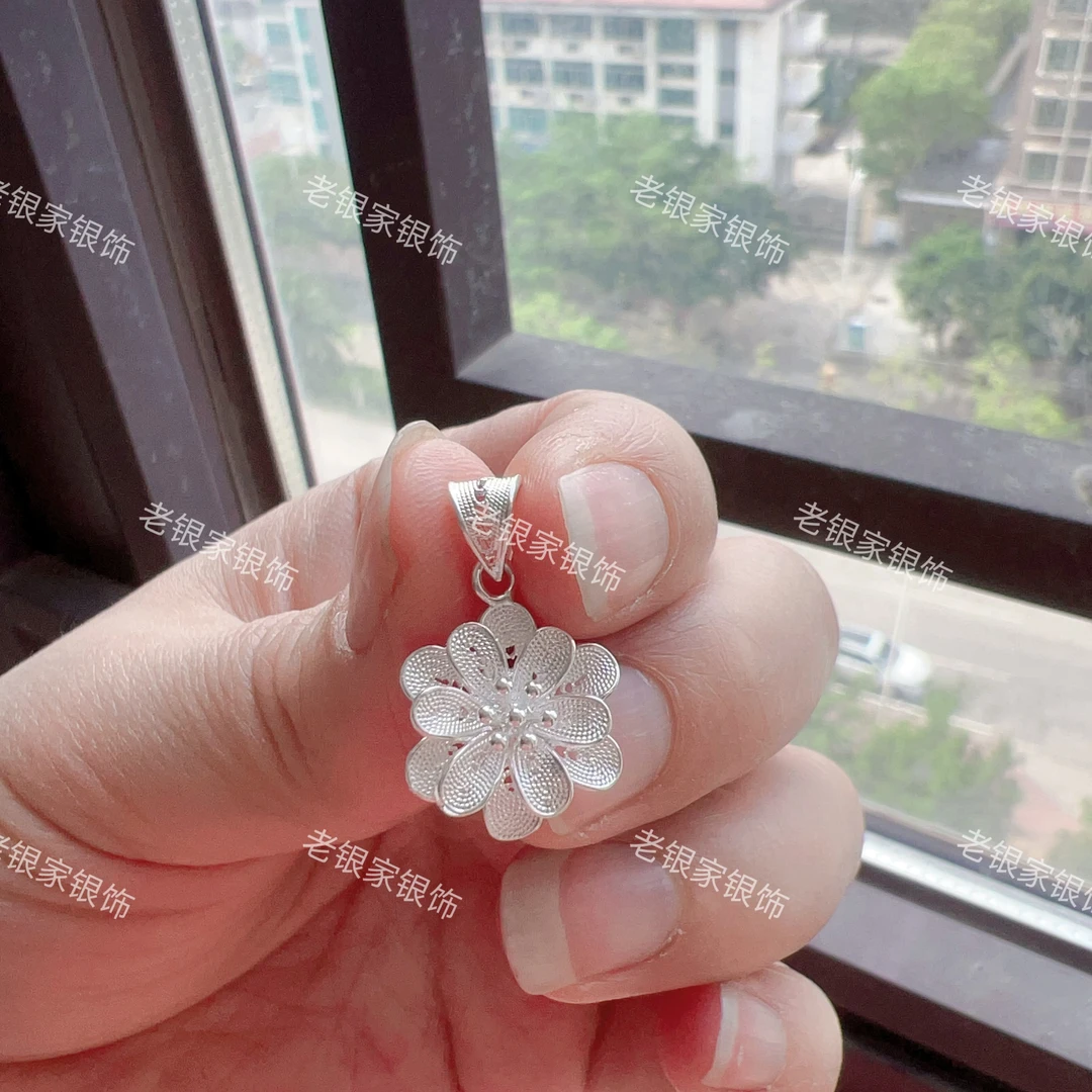 吊坠足银 专柜正品足银990纯银项链女百合花大吊坠送妈妈婆婆礼物