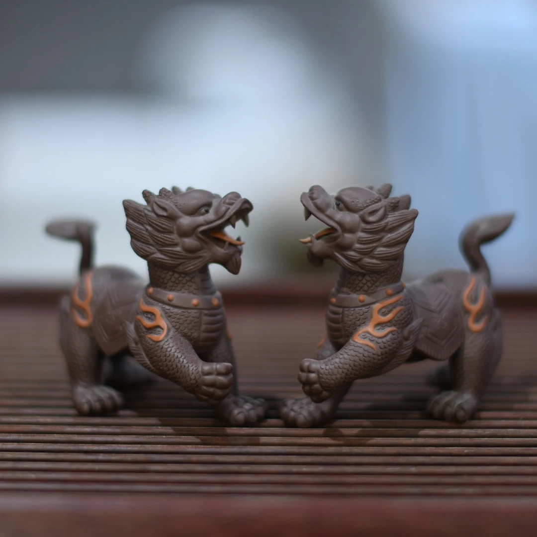 麒麟一对 宜兴紫砂纯手工茶宠摆件可养茶玩手办原矿茶具精品金蟾