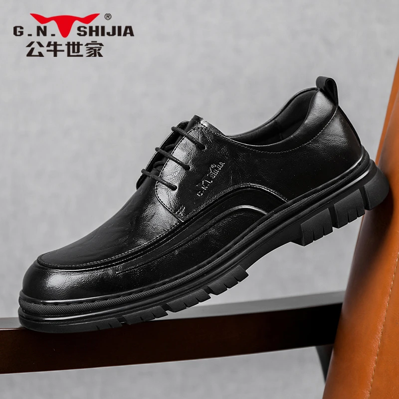 公牛世家2025春季新款男士时尚百搭高端大气系带潮流商务休闲皮鞋