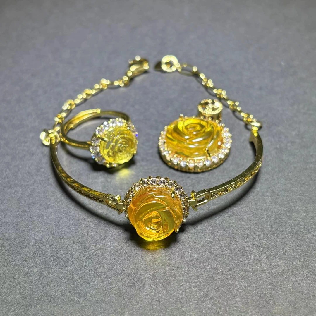 面面来财珠宝MT2540-琥珀金珀玫瑰花三件套-配麻花链-活口-金色