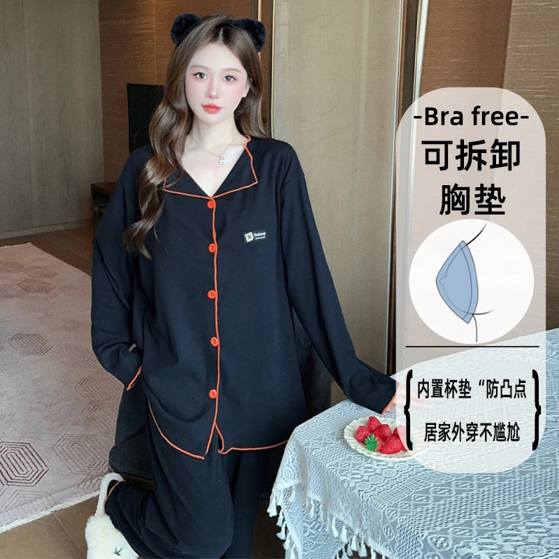 秋冬季睡衣女带胸垫大码加肥长袖长裤套装德绒保暖翻领开衫家居服