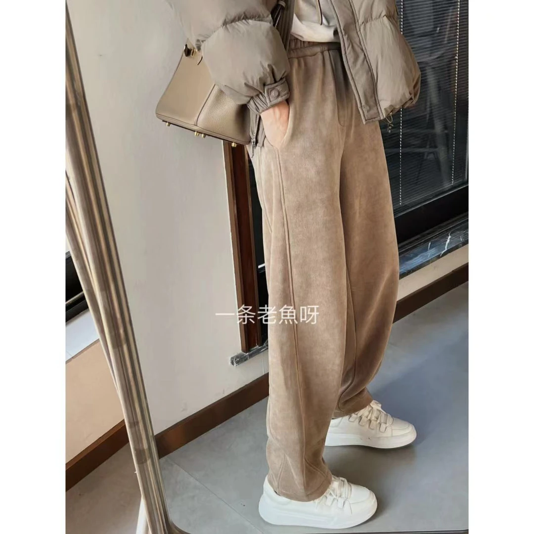 YU 一体绒欧棉绒裤子女秋冬加厚加绒休闲裤香蕉裤女