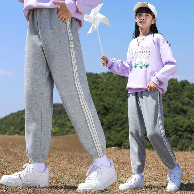 女童加绒运动裤秋冬款一体绒灰色中大童2025新款儿童加厚卫裤冬季