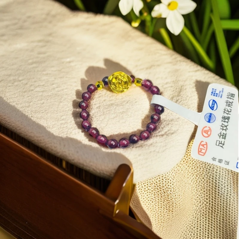 【黄金补贴】足金999玫瑰花石榴石圆珠配搭戒指