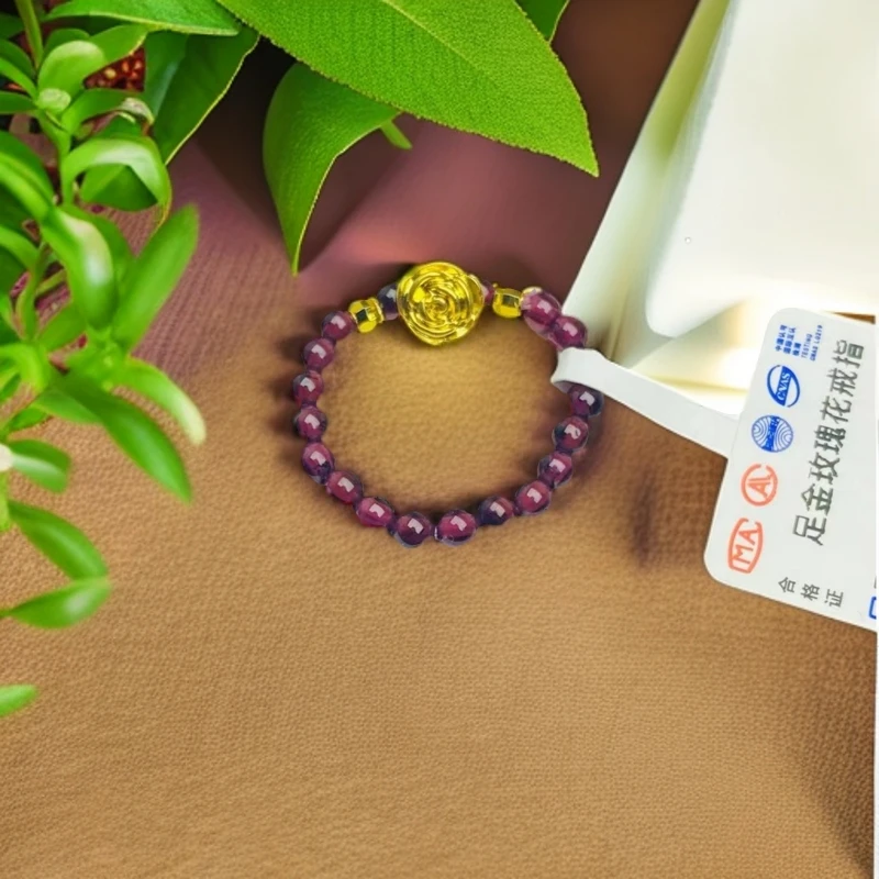 【黄金补贴】足金999女士玫瑰花石榴石圆珠配搭戒指