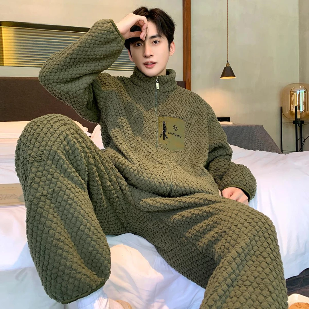 维多利亚男士睡衣秋冬款珊瑚绒保暖法兰绒加大码家居服套装纽维密