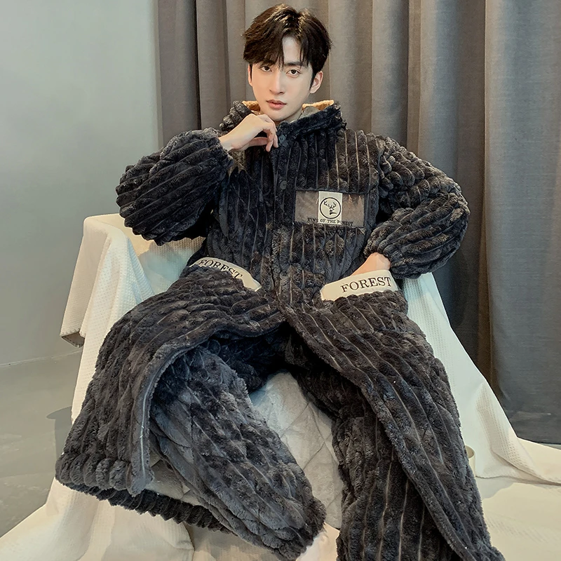 维多利亚秋冬季加厚加绒珊瑚绒睡衣男士三层夹棉睡袍家居服纽维密