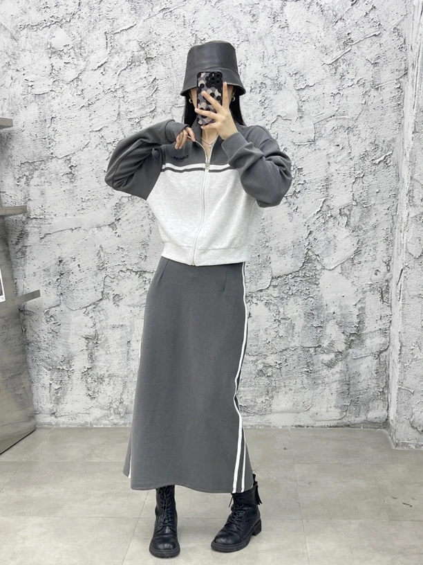 新款时尚韩版女装套装秋季休闲中长款显瘦撞色拼接半身裙长袖