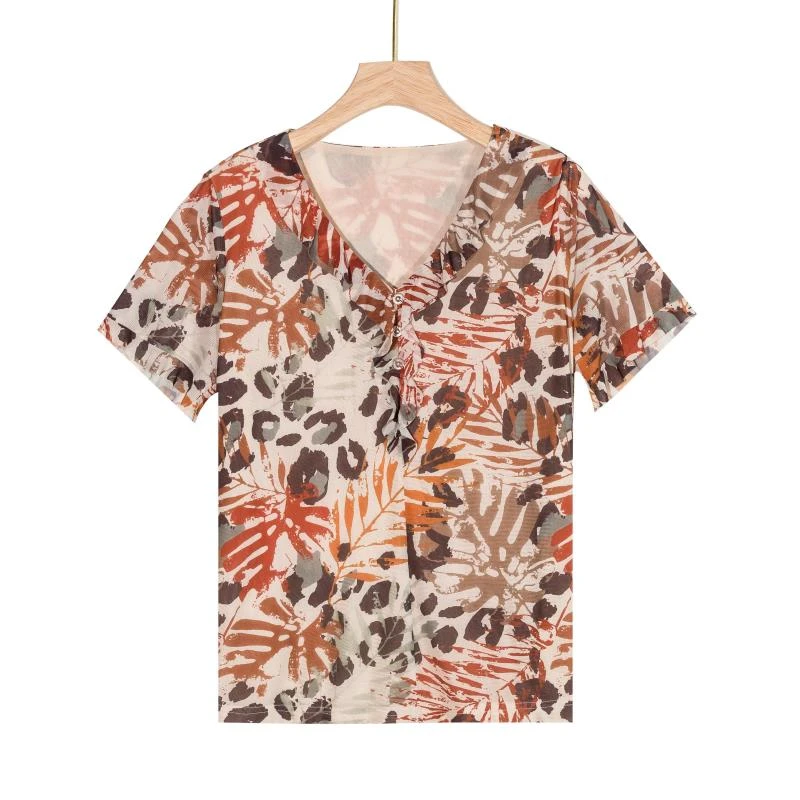 25年夏季新款女装V领花边碎花休闲透气短袖网纱百搭显瘦上衣T5220