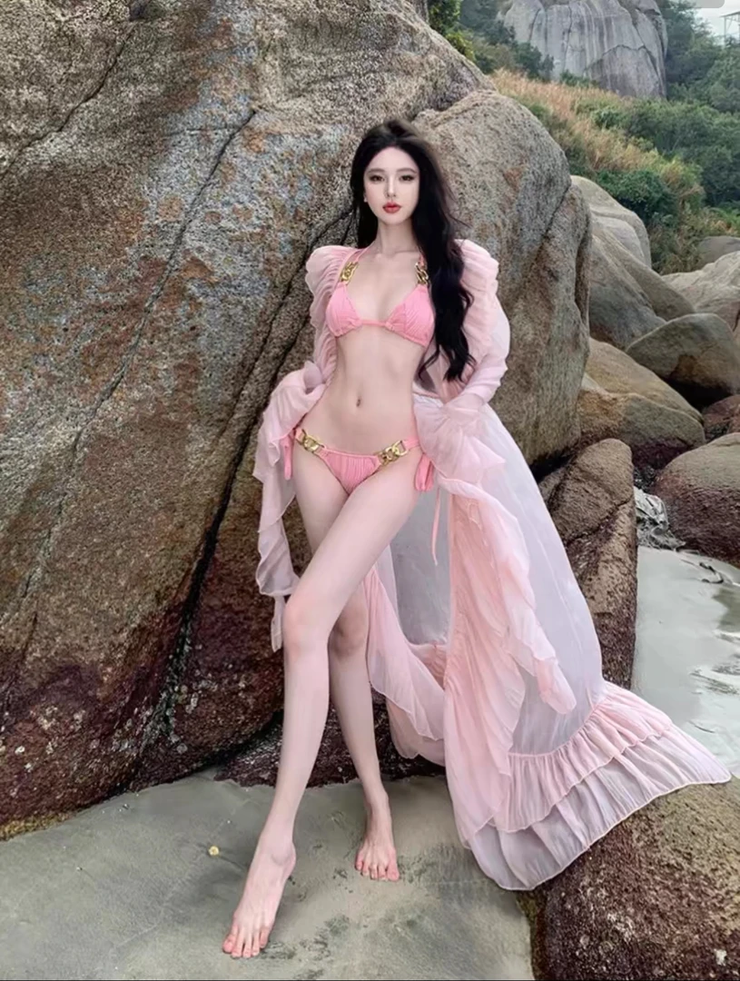 港风比基尼分体泳衣三件套性感小胸沙滩海边度假海边沙滩泳衣女