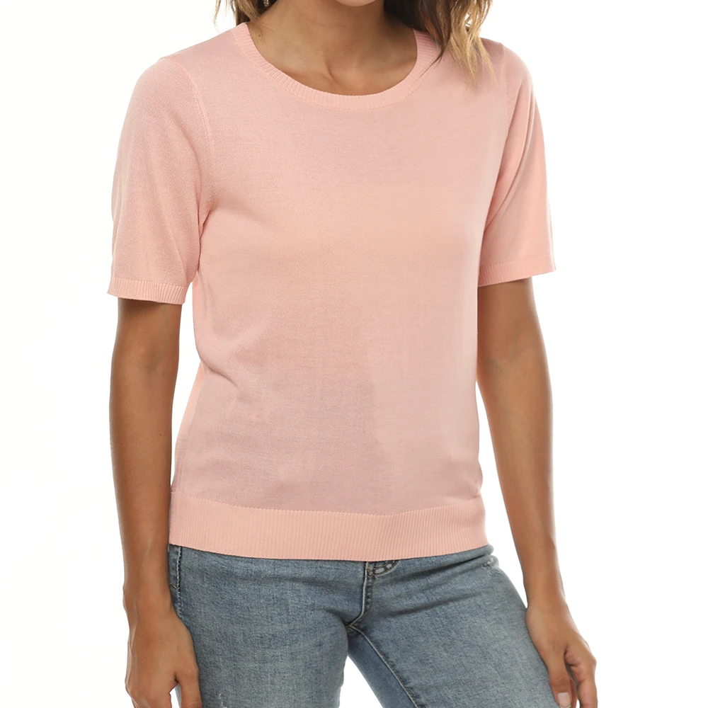 出口美国 女士仿亚麻针织短袖夏季透气纯色圆领休闲针织套头短袖