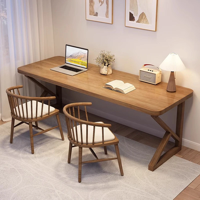 全实木电脑桌台式学习桌卧室书桌长条双人桌大板简约办公桌工作台
