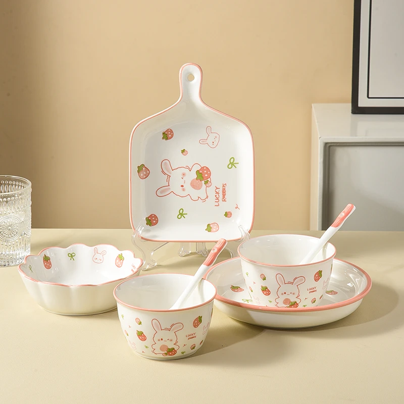 【幸运兔】可爱卡通陶瓷碗家用7件套碗盘勺釉下彩餐具套装米饭碗