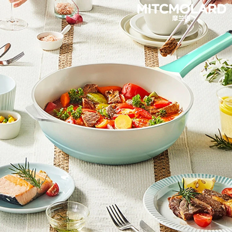 摩兰德女王珐琅陶瓷炒锅高颜值轻奢不粘锅炒菜锅燃气电磁炉通用