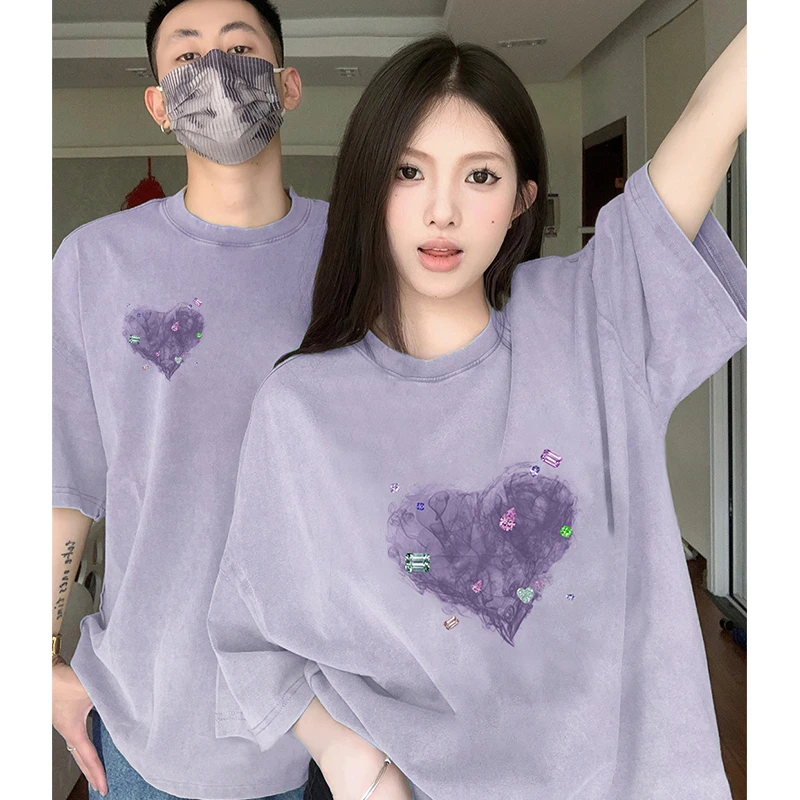 迷雾爱心特别的情侣装t恤夏季套装2024新款ins风超网红情侣套装