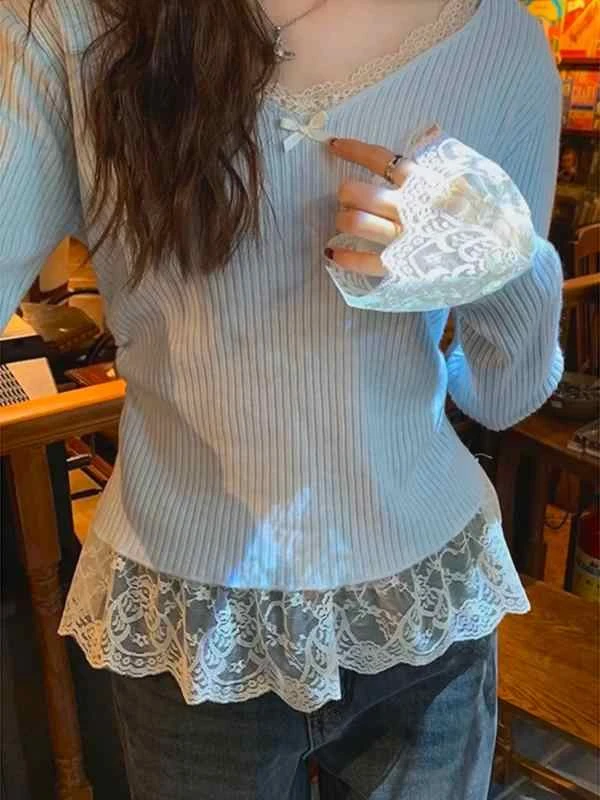 （1190）韩式蕾丝花边拼接针织衫显瘦内搭v领打底衫甜美风上衣