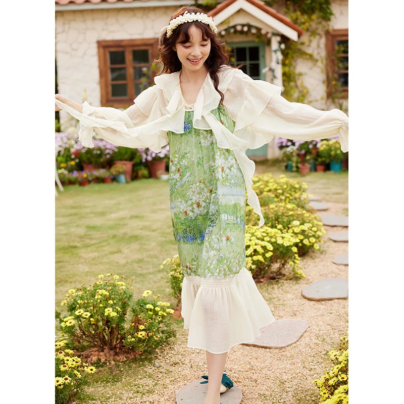 两三事梵高艺术游吟芳苑少女风碎花拼接连衣裙