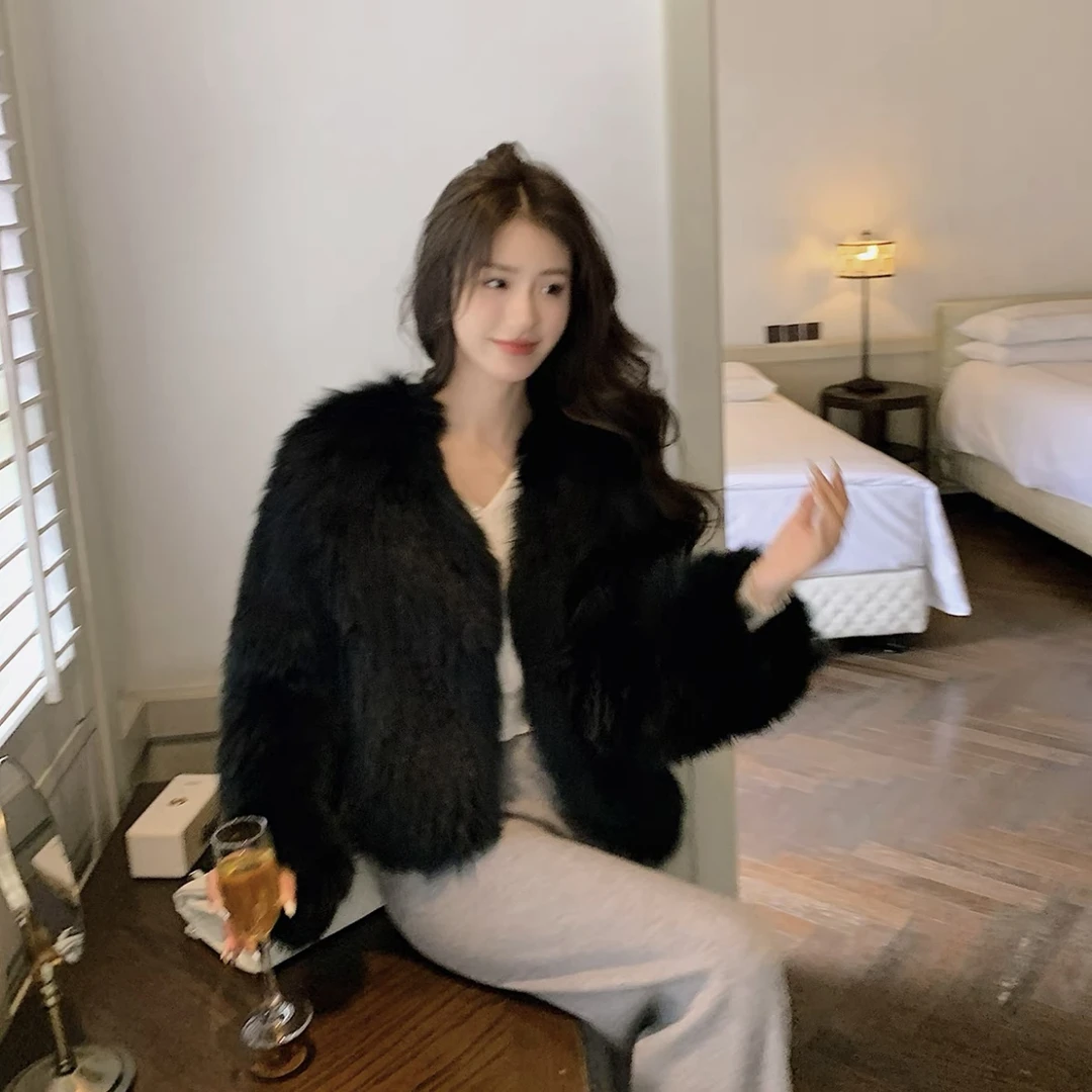 桃喜家2024新款狐狸毛双面编织外套女网红短款V领显瘦年轻款