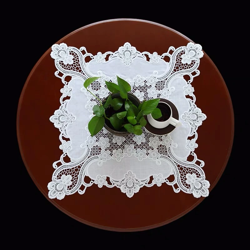 民族风纯白色蕾丝镂空餐桌电视柜酒柜布艺圆形桌垫防尘布遮盖巾