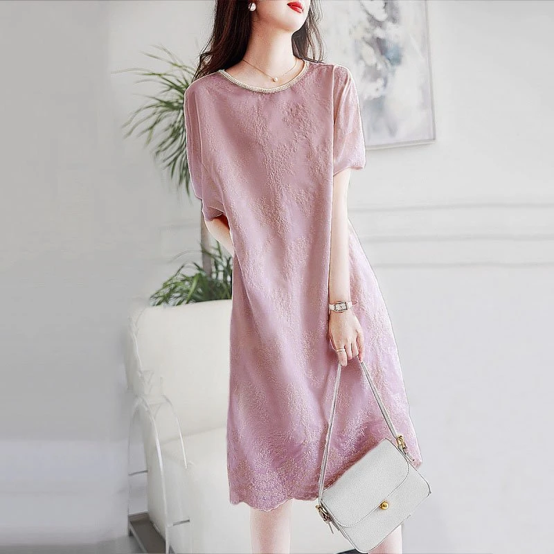 画卿2025夏季新款时尚韩版显瘦百搭气质蕾丝花边圆领茧型连衣裙女