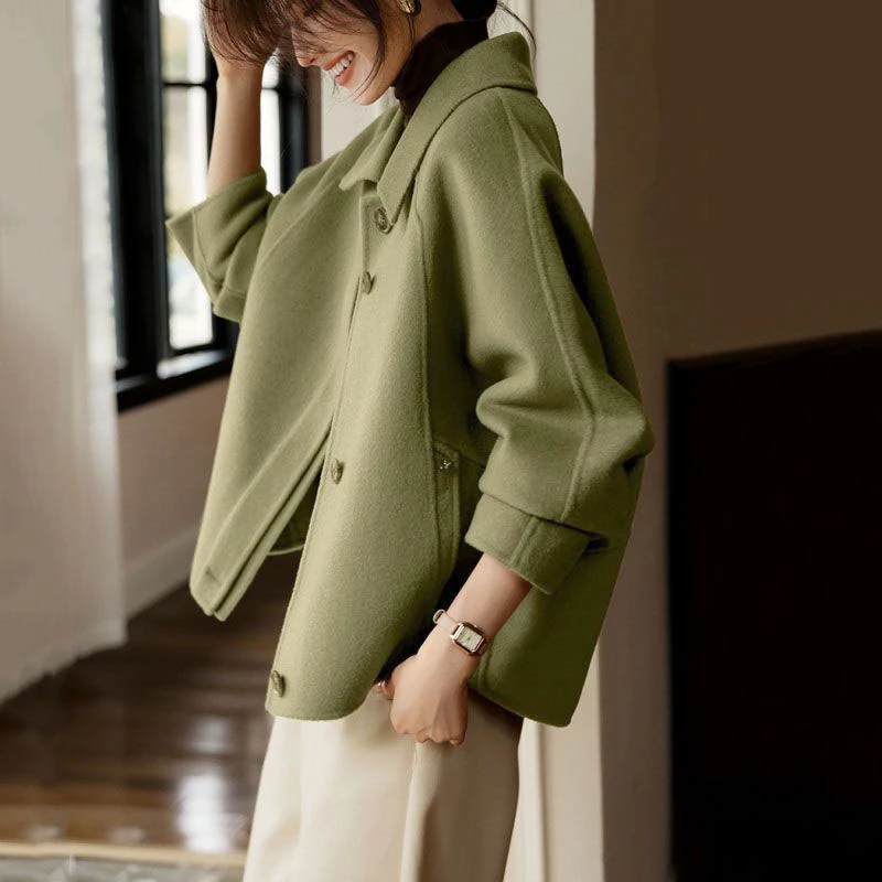 画卿2025秋冬新款时尚韩版显瘦百搭气质翻领纯色单排扣毛呢外套女