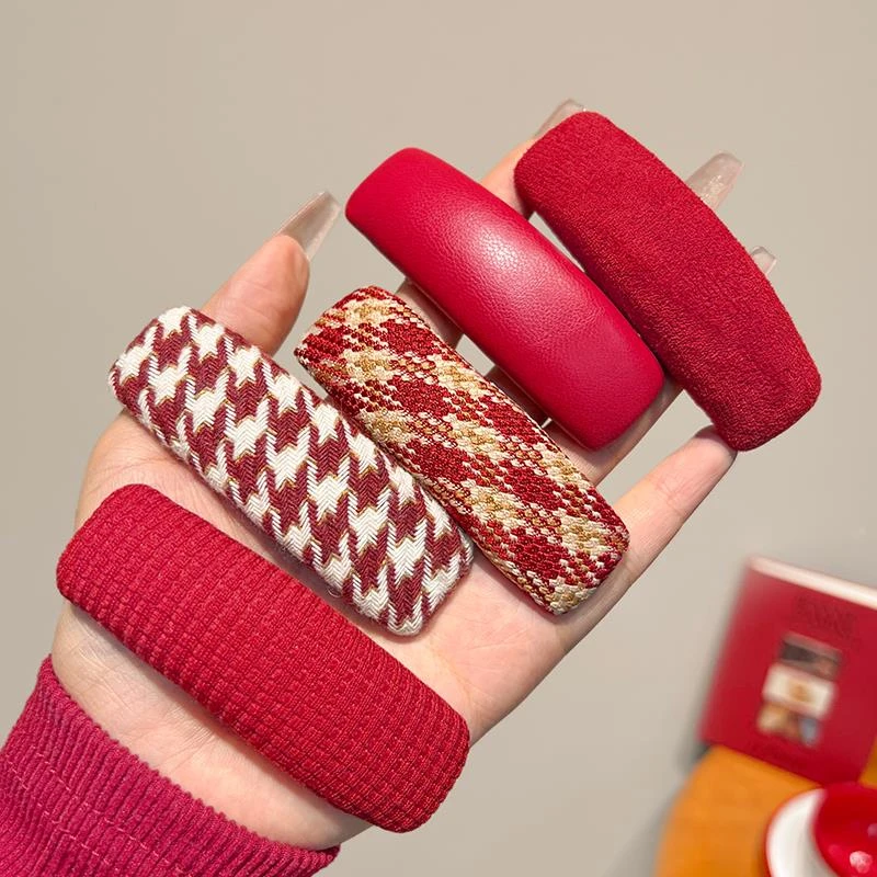 气质格纹红色发夹女后脑勺碎发bb夹新年发卡前额刘海夹子秋冬头饰