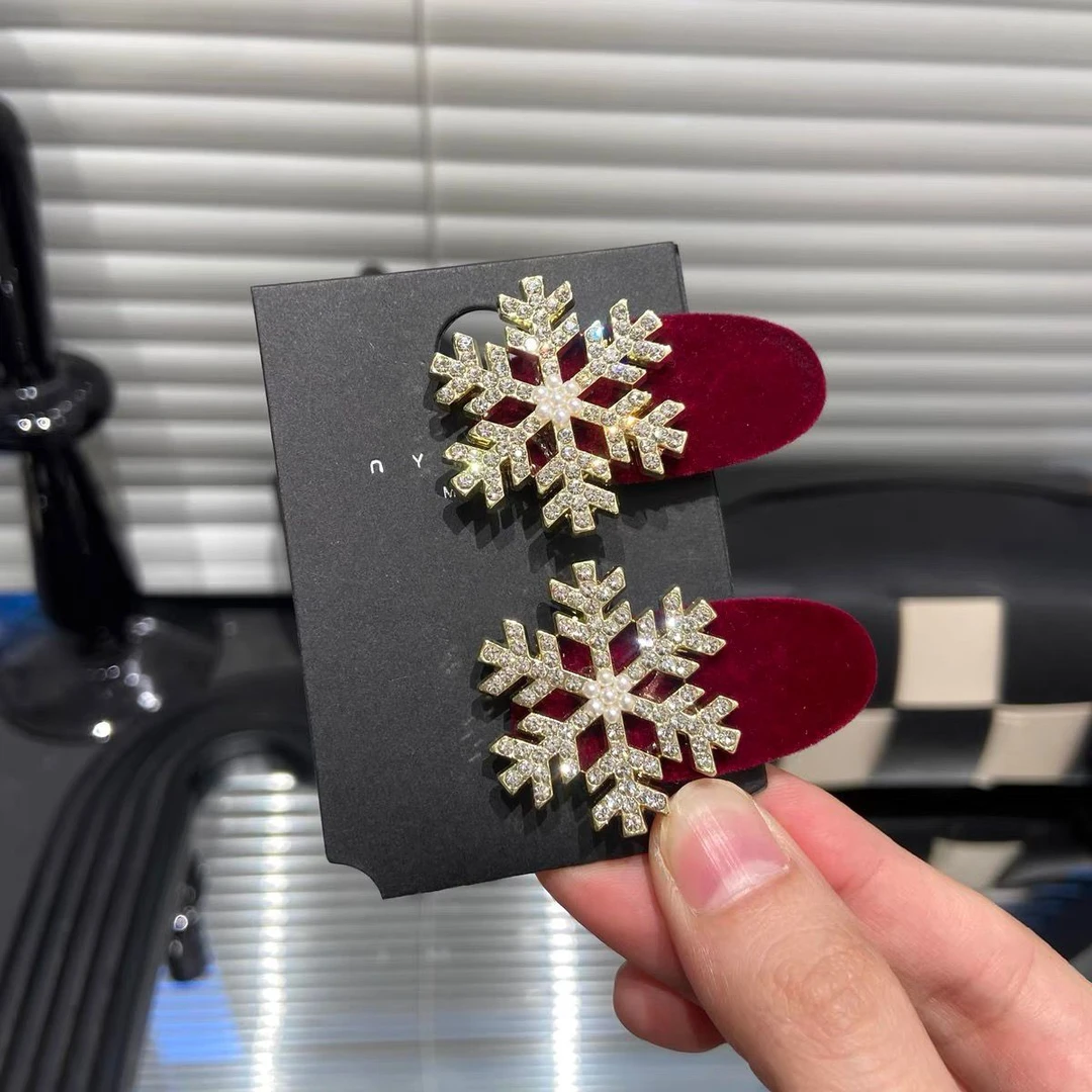 秋冬新款新年圣诞雪花边夹侧边前额植绒高级感鸭嘴夹侧边女发饰