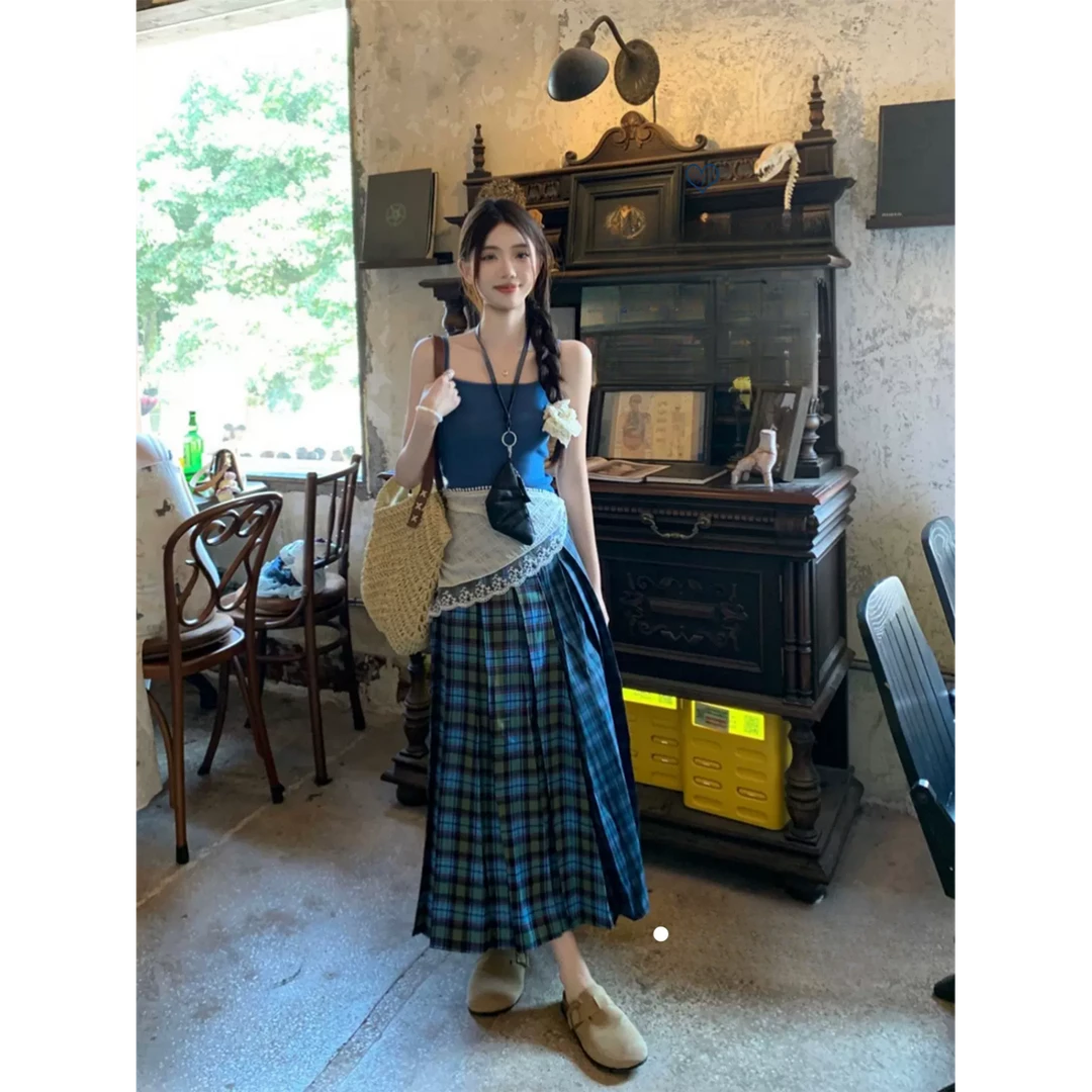 小众蓝色女法式格子小百褶2024短款格纹牛仔半身裙高腰两件套