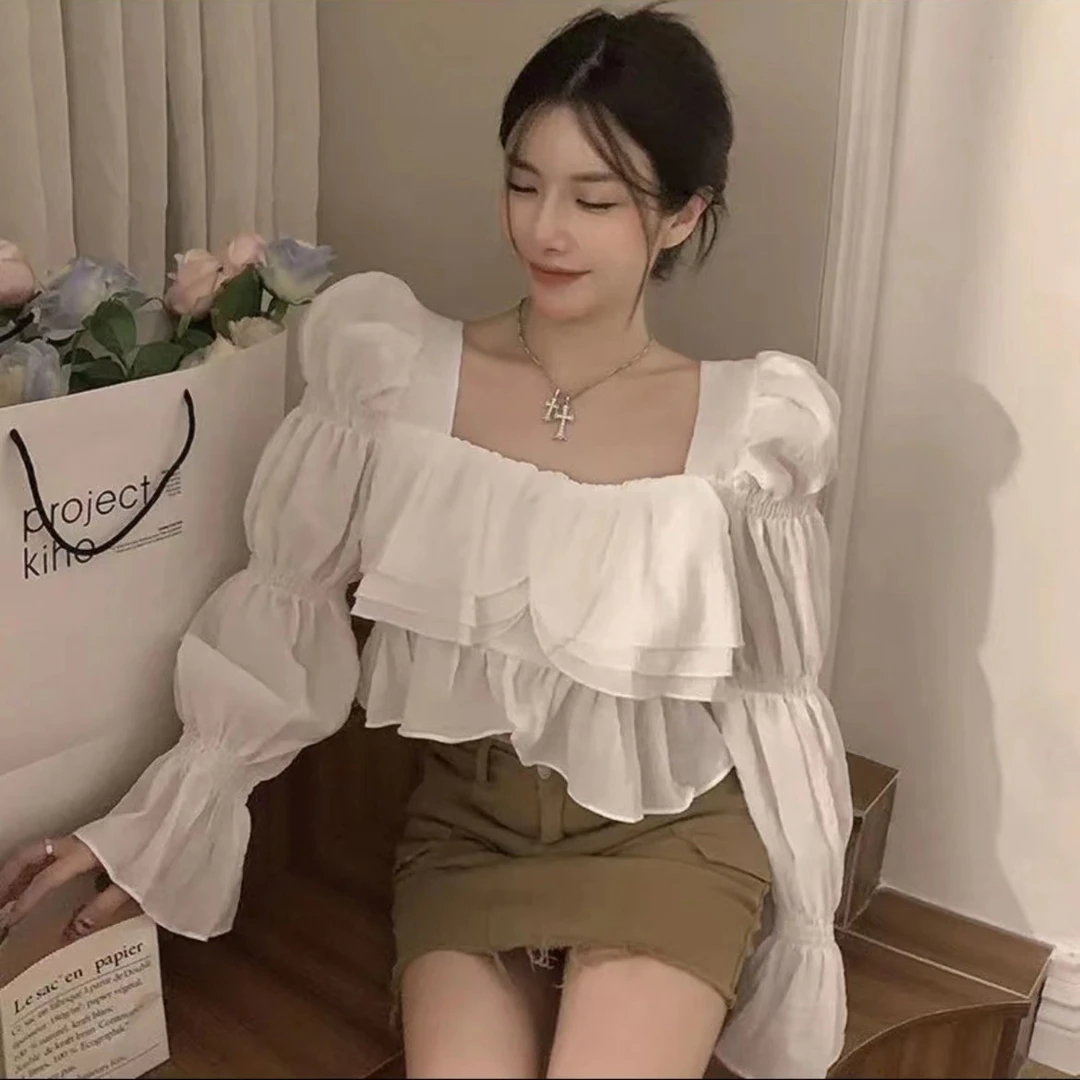 【7640】学院风甜美百搭修身短款衬衫2024早春新款