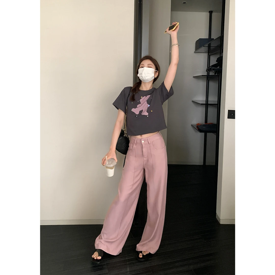 断码捡漏 莱赛尔天丝直筒拖地牛仔裤女高腰中线阔腿裤-234