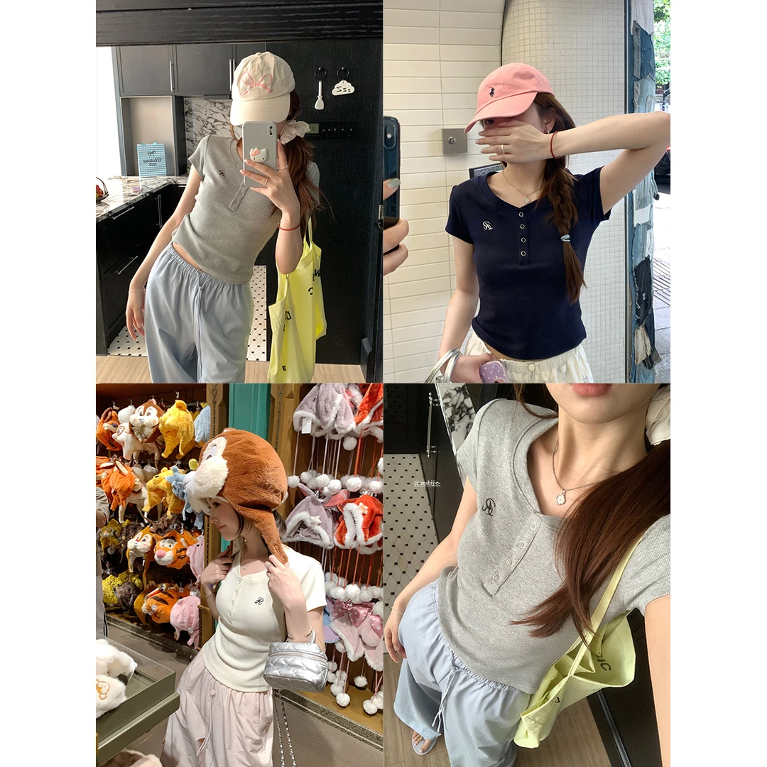 断码捡漏美式甜妹 美式亨利领贝壳扣正肩t恤女修身显瘦短袖-236