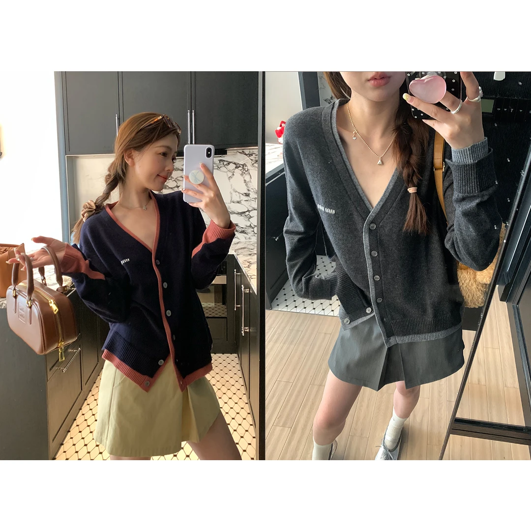 断码捡漏【miu系叠叠乐】30羊毛混纺假两件针织开衫撞色V领外-65