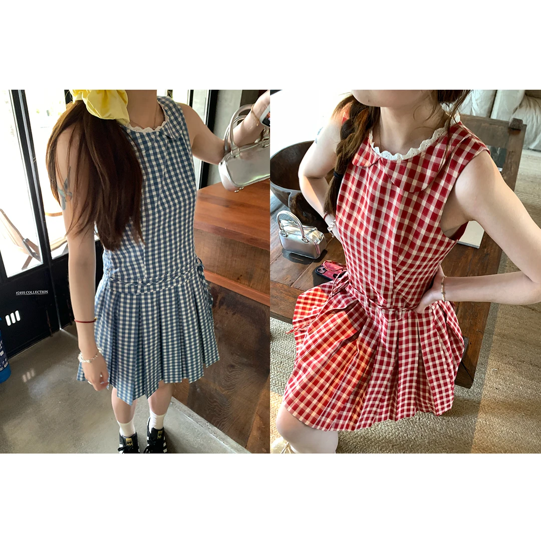 断码捡漏【彩色艺术生】复古格纹花边娃娃领系带背心连衣裙夏-79